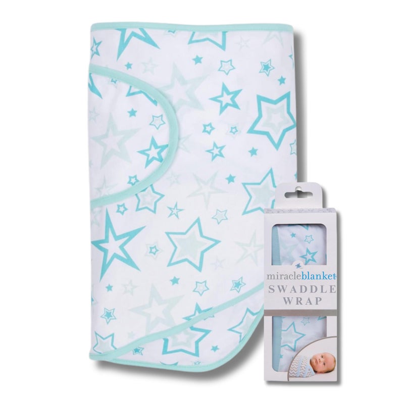 Miracle Blanket Swaddle Wrap - Help Your Newborn Sleep Longer - Soft & Secure Sleep Sack for Infants - Easy-to-Use Swaddling Blanket for a Calm Baby (Aqua Stars) - Image 1